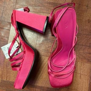 Barbie pink Zara lace up platform heels NEVER WORN US 6.5